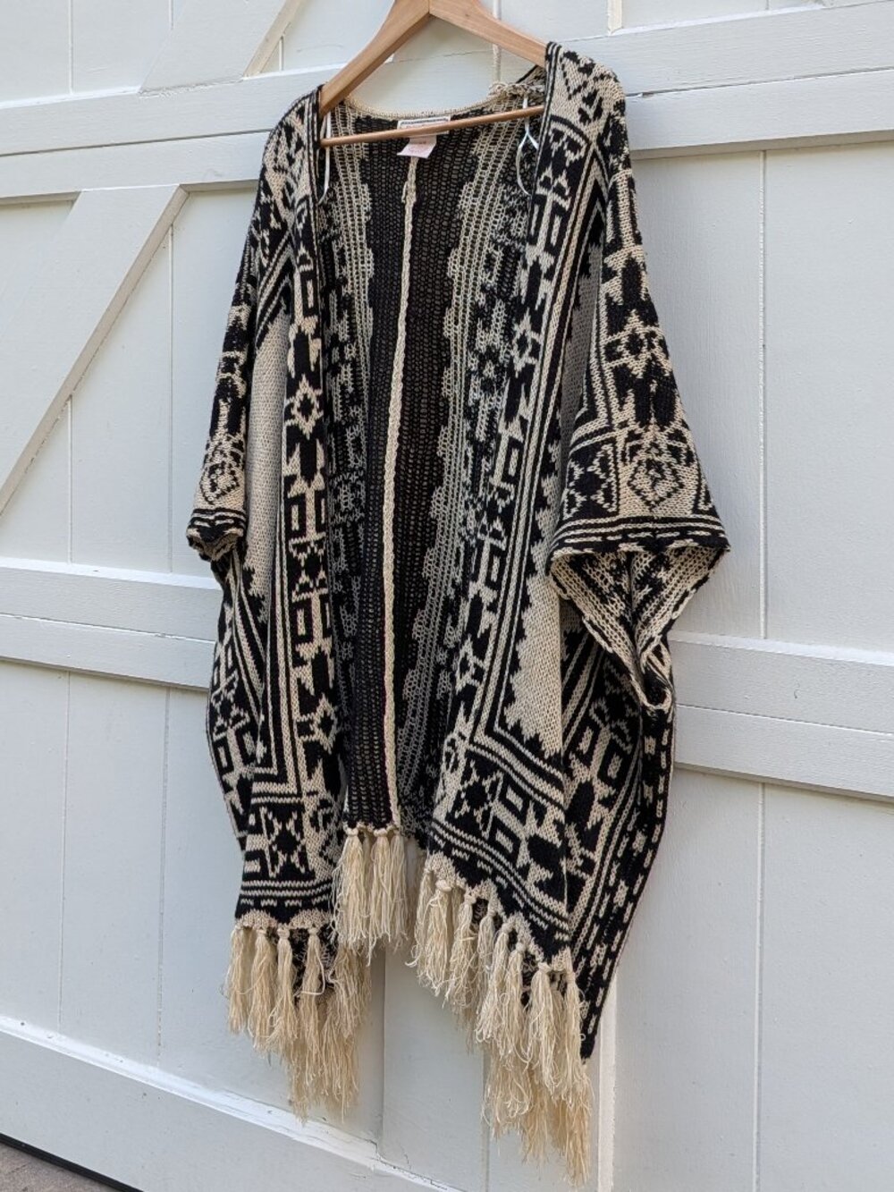 Flying Tomato Cream Black Southwestern Geometric Fringe Open Front Poncho S/M
